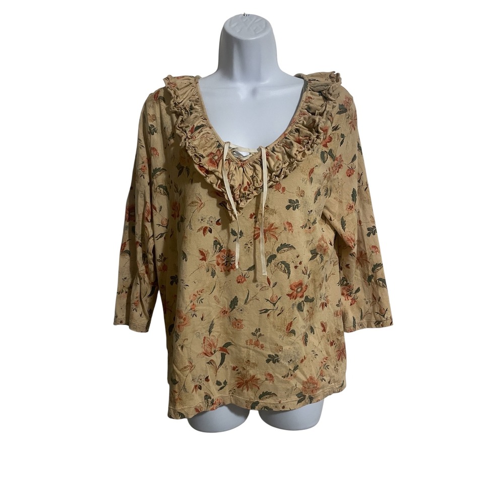 Lauren Jeans Co. Floral Ruffle Neck Top Women's‎ L/G Cottagecore Peasant Blouse